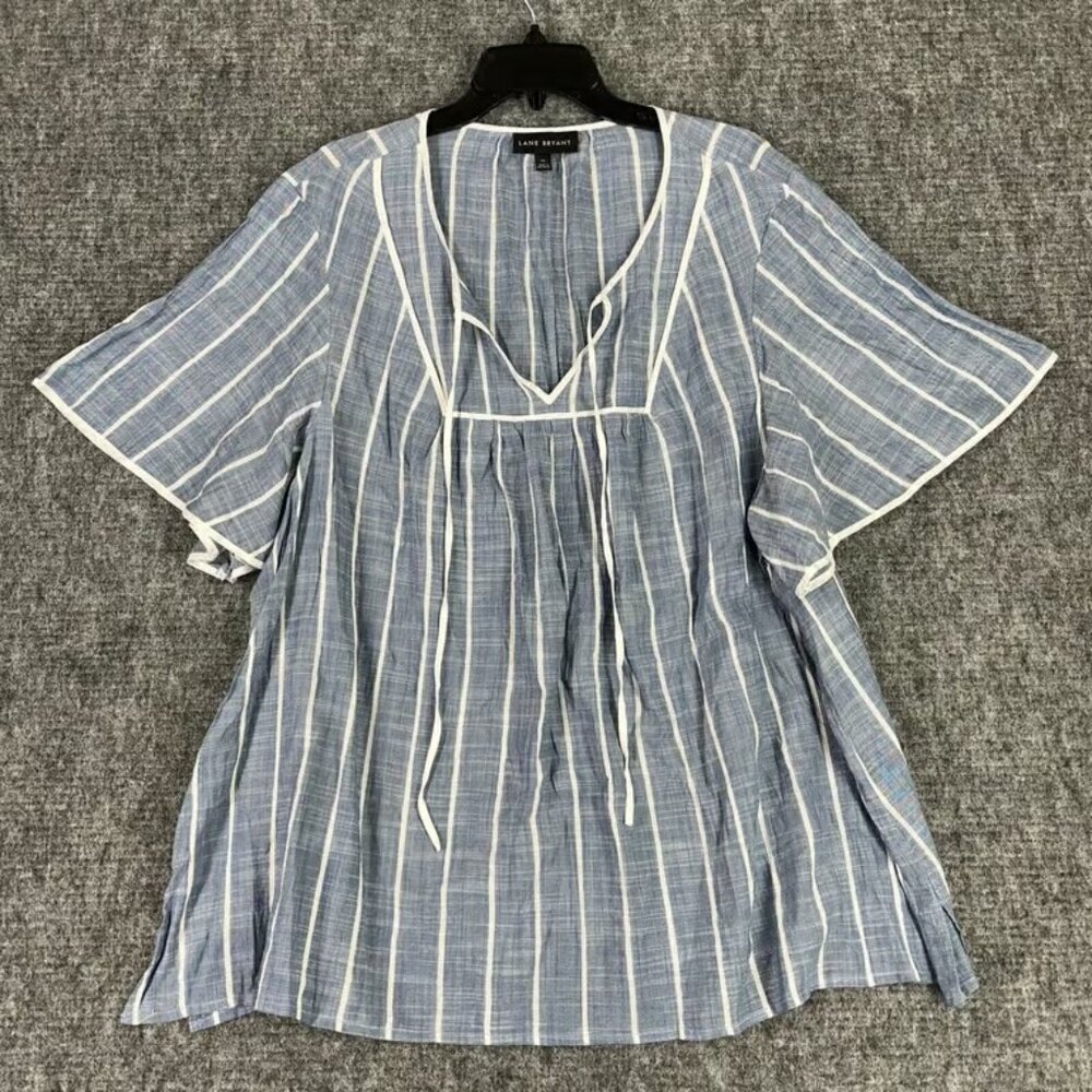 Lane Bryant Top Womens 26 Blue Cotton Rayon Short Sleeve Striped V-neck Textured - Picture 1 of 7